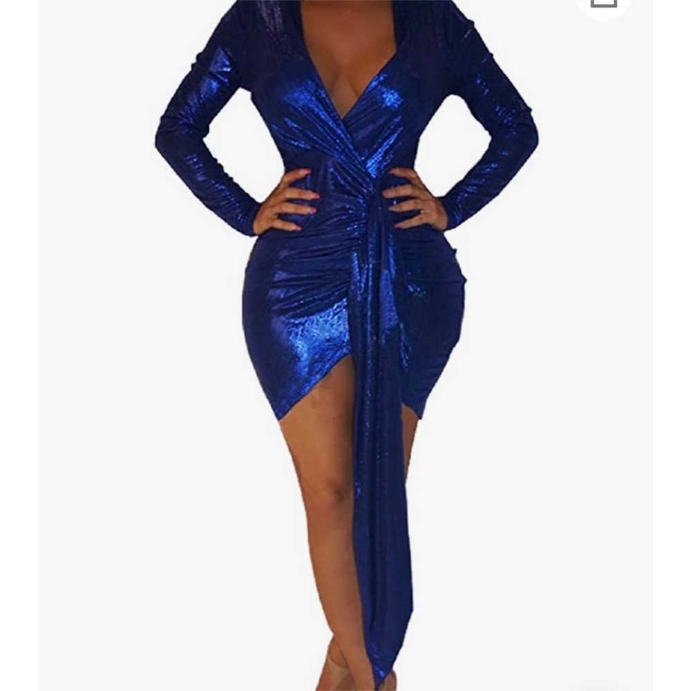 Royal blue Bodycon Long Sleeve Sparkly V Neck Dress, size M.